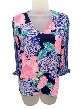 Lilly Pulitzer Seabrook Top XS Pink Navy Floral Blouse
